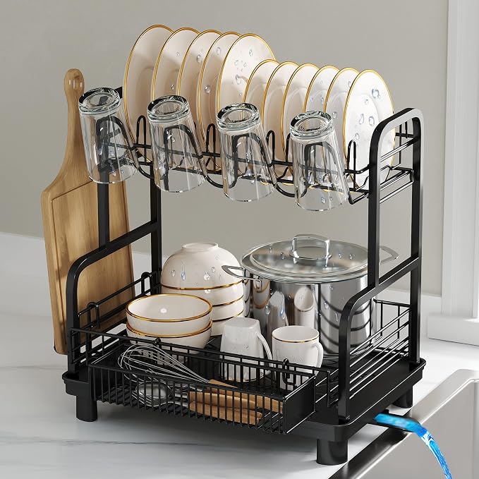 BOOSINY 2 Tier Black Dish Drying Rack and Drainboard by Boosiny