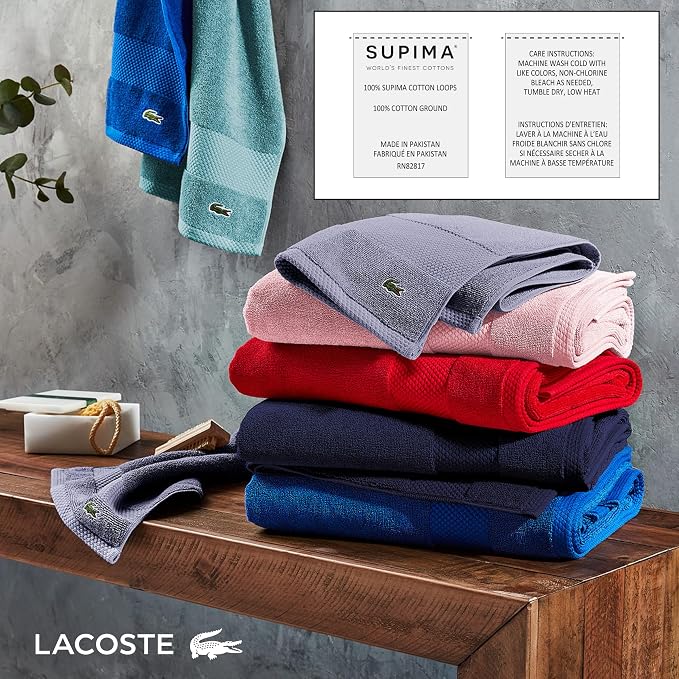 Lacoste Heritage 100% Supima Cotton Hand Towel 16" x 30", Magenta | Highly - Image 7