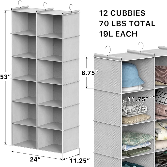 Simple Houseware 6 Shelf Double-Wide Hanging Closet Organizer, 3 Metal Hooks - Image 3