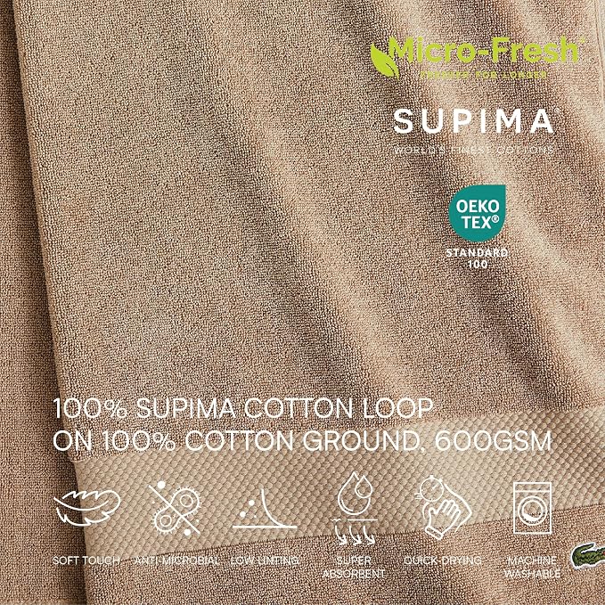 Lacoste Heritage Supima Cotton 6-Piece Towel Set, Sand | Highly Absorbent - Image 3