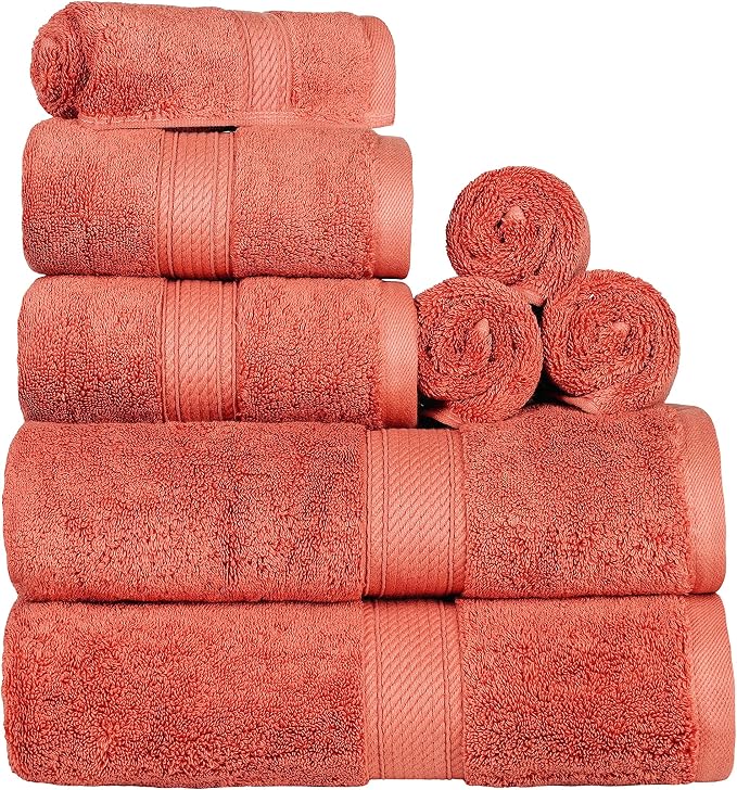 SUPERIOR Egyptian Cotton Ultra Plush & Absorbent, 8 Piece Set, Coral | Quick Dry by SUPERIOR